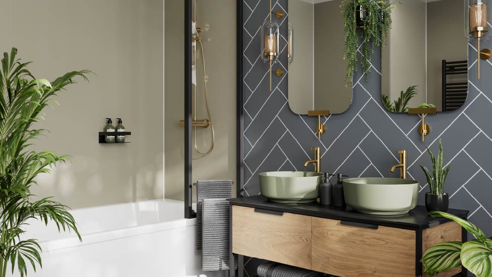 Bathroom Colour Trends 2024 Multipanel Blog Multipanel   975x550 Hero Monument Grey Herringbone Sage Green 