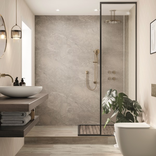Valmasino marble and taupe grey bathroom wall panels