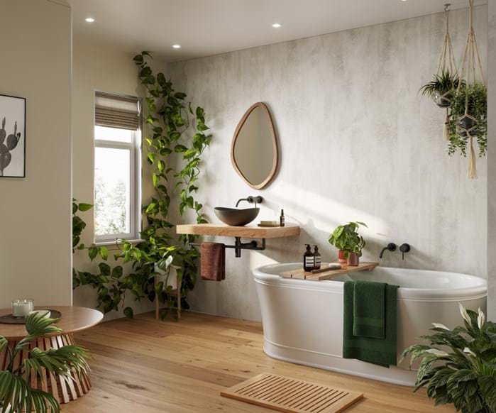 Botanical bathroom with white gypsum and taupe grey wall panel