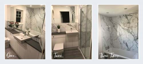 Calacatta Marble wall panels in customer bathroom renovation